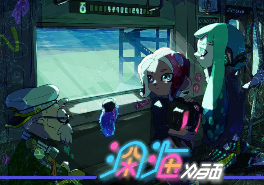 1boy 2girls backwards_hat bangs beard black_cape black_footwear black_shirt black_skirt blunt_bangs booru_(169b) cape closed_mouth commander_atarime commentary conductor_namako day domino_mask facial_hair glasses graffiti hat headgear hero_shot_(splatoon) highres holding holding_weapon ink_tank_(splatoon) inkling inkling_(language) light_particles long_hair long_sleeves looking_back makeup mascara mask medium_hair miniskirt multiple_girls octoling peaked_cap pointy_ears redhead shirt shoes sitting skirt splatoon_(series) splatoon_2 splatoon_2:_octo_expansion squidbeak_splatoon standing suction_cups sunlight symbol_commentary train_interior underwater weapon white_headwear wind yellow_footwear