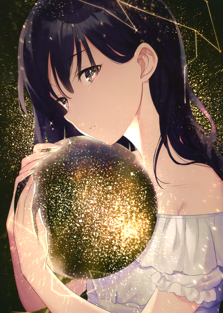 1girl absurdres achiki ball bangs bare_shoulders black_background black_hair close-up collarbone constellation dress ears expressionless eyebrows_visible_through_hair eyes_visible_through_hair frilled_sleeves frills from_side glowing hair_behind_ear hair_between_eyes hair_over_shoulder head_tilt highres holding holding_ball holding_to_chest long_hair looking_at_viewer looking_to_the_side multicolored multicolored_background multicolored_eyes off-shoulder_dress off_shoulder open_mouth original parted_lips planetarium shiny shiny_hair short_sleeves shoulders simple_background solo sparkling_eyes sphere tareme upper_body white_dress yellow_background