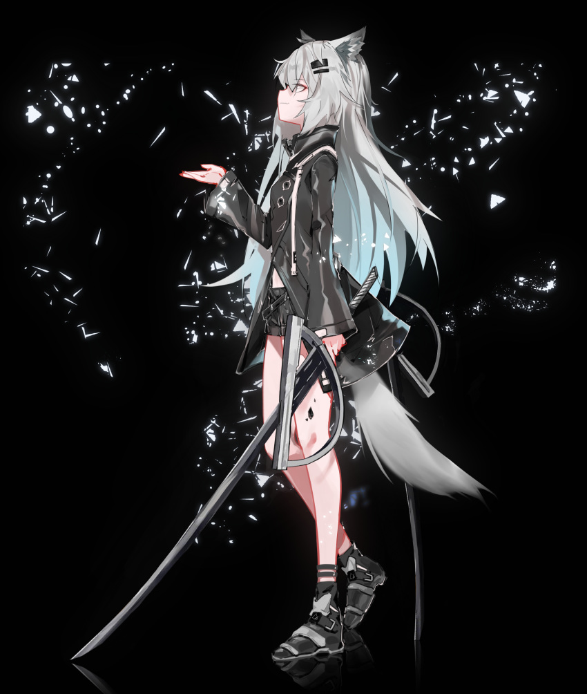 1girl absurdres animal_ear_fluff animal_ears arknights bangs bare_legs black_background black_footwear black_jacket black_shorts errorer1980 from_side full_body hair_ornament hairclip hand_up high_collar highres holding holding_sword holding_weapon jacket lappland_(arknights) left-handed long_hair long_sleeves ore_lesion_(arknights) profile shoes short_shorts shorts silver_hair simple_background smile solo standing sword tail weapon wolf_ears wolf_tail
