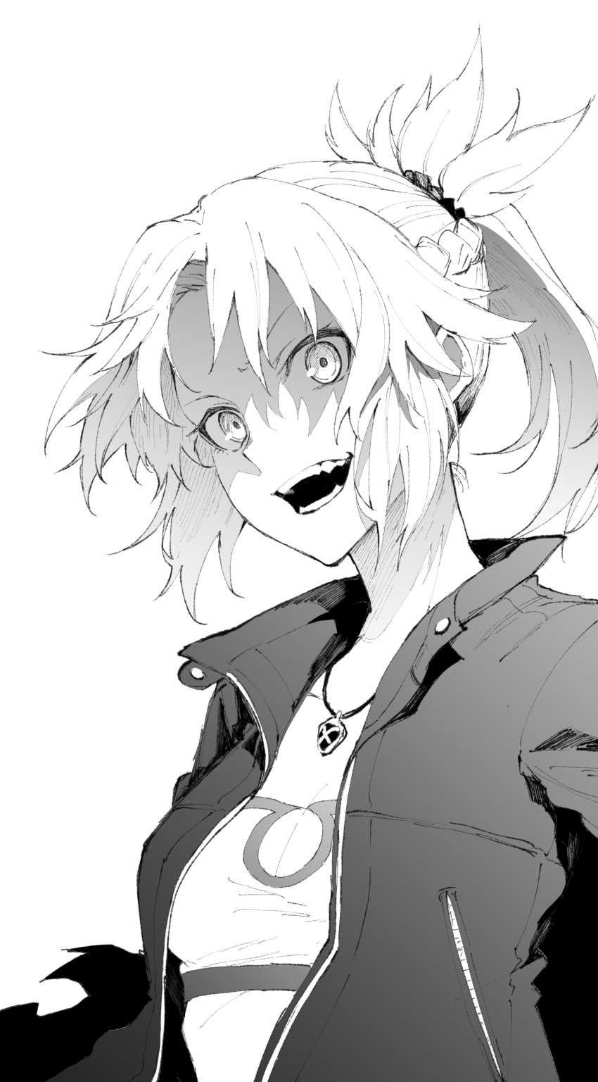 1girl absurdres fate/apocrypha fate_(series) highres jacket jewelry leather leather_jacket monochrome mordred_(fate) mordred_(fate)_(all) open_mouth pendant ponytail shaded_face tsukamoto_minori white_background