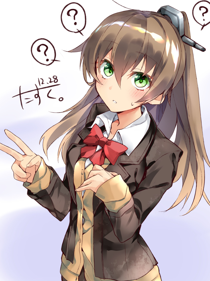 1girl ? absurdres blush bow bowtie brown_hair brown_jacket cardigan dated eyebrows_visible_through_hair gradient gradient_background green_eyes hair_between_eyes hair_ornament hairclip headgear highres jacket kantai_collection kumano_(kantai_collection) long_hair looking_at_viewer narumiya_(empty_cafe) ponytail red_bow red_neckwear school_uniform skirt v