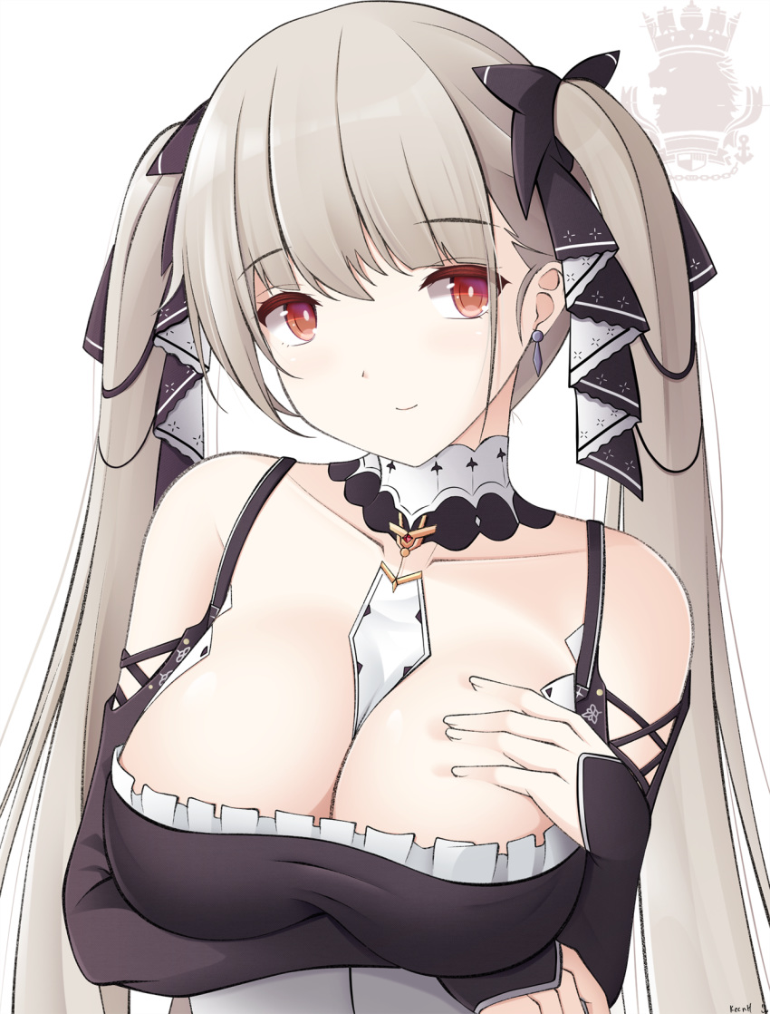 1girl azur_lane black_dress breasts brown_hair collarbone dress earrings formidable_(azur_lane) hair_ornament hair_ribbon hand_on_own_chest highres jewelry keenh large_breasts long_hair looking_at_viewer maid_dress red_eyes ribbon solo_focus white_background