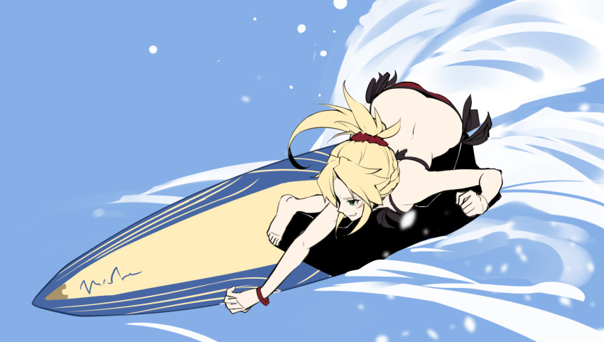 1girl bangs bare_shoulders blonde_hair blue_background braid breasts commentary_request eyebrows_visible_through_hair fate/grand_order fate_(series) green_eyes hair_ornament hair_scrunchie highres long_hair mordred_(fate)_(all) mordred_(swimsuit_rider)_(fate) ponytail red_scrunchie scrunchie small_breasts smile solo surfboard surfing takatun223