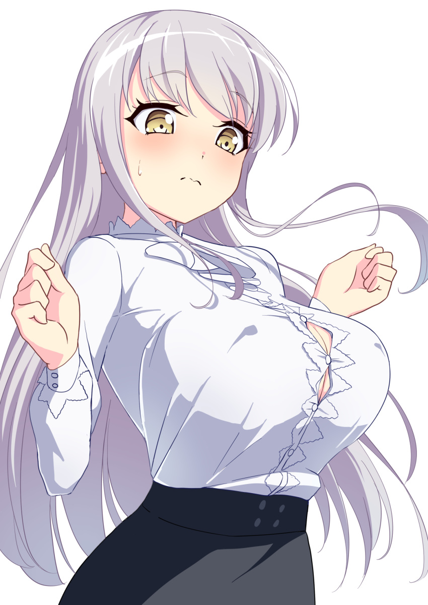 1girl bang_dream! breasts button_gap commentary_request grey_skirt highres large_breasts lavender_hair long_hair long_sleeves minato_yukina roselia_(bang_dream!) sakamata shirt skirt white_background white_shirt yellow_eyes