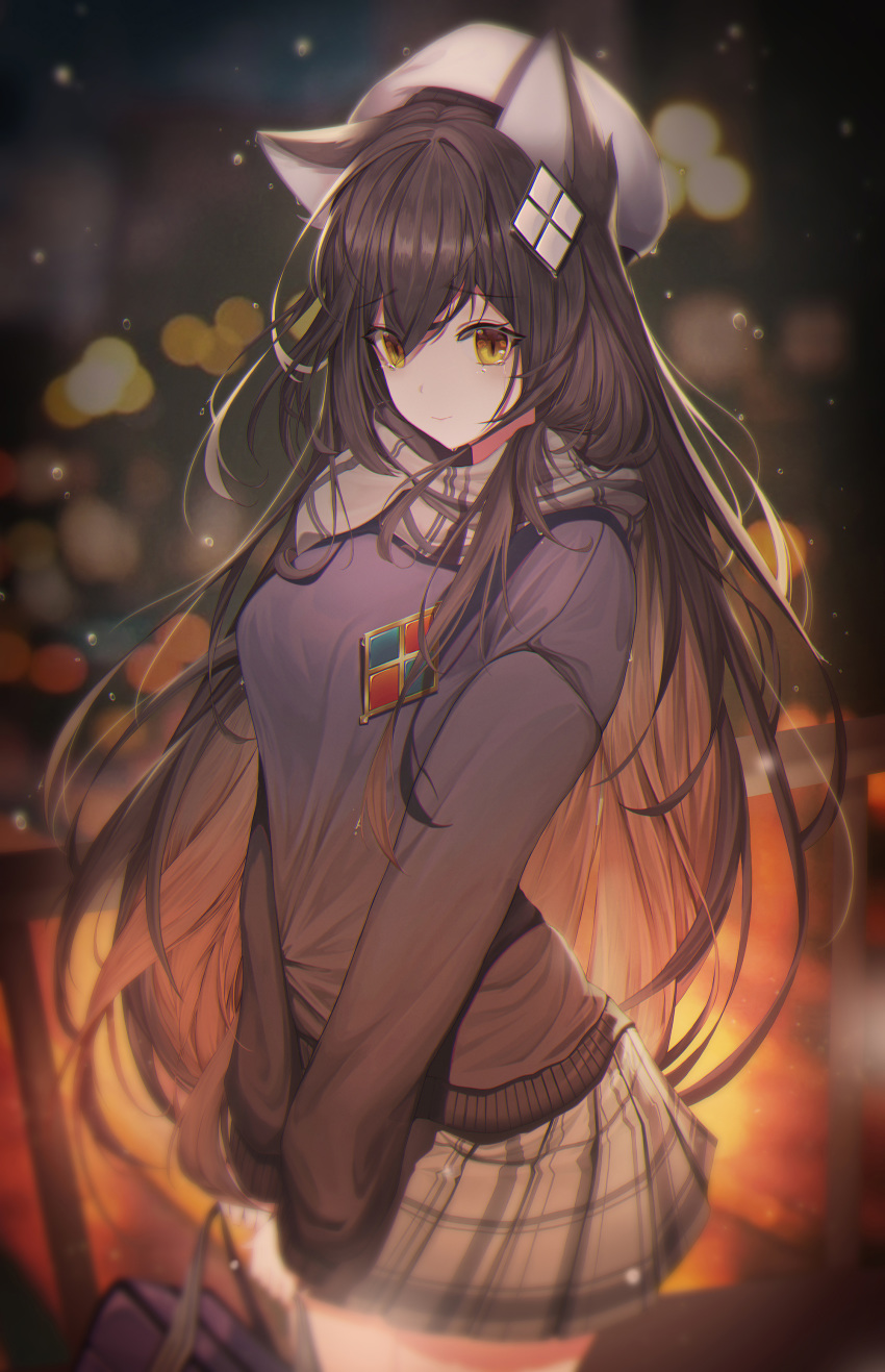 1girl absurdres animal_ears backlighting bag bangs blurry blush breasts brown_hair brown_sweater casual closed_mouth crying crying_with_eyes_open depth_of_field eyebrows_visible_through_hair girls_frontline grey_scarf grey_skirt hair_ornament highres holding holding_bag long_hair long_sleeves medium_breasts miniskirt night outdoors paya_(aejx2345) plaid plaid_scarf plaid_skirt pleated_skirt qbz-95_(girls_frontline) railing scarf skirt smile solo sweater tears very_long_hair white_headwear yellow_eyes