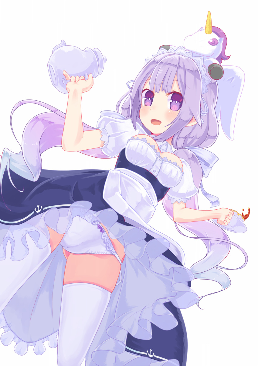 1girl :d alternate_costume anchor_symbol ass_visible_through_thighs azur_lane bangs blush bow bow_panties breasts cup enmaided eyebrows_visible_through_hair from_below gradient_hair highres holding_teapot hujikok long_hair looking_at_another looking_at_viewer maid medium_breasts multicolored_hair open_mouth panties puffy_short_sleeves puffy_sleeves purple_bow purple_hair saucer short_sleeves simple_background skindentation smile stuffed_alicorn tea teacup thigh-highs twintails two-tone_hair underwear unicorn_(azur_lane) violet_eyes white_background white_legwear white_panties