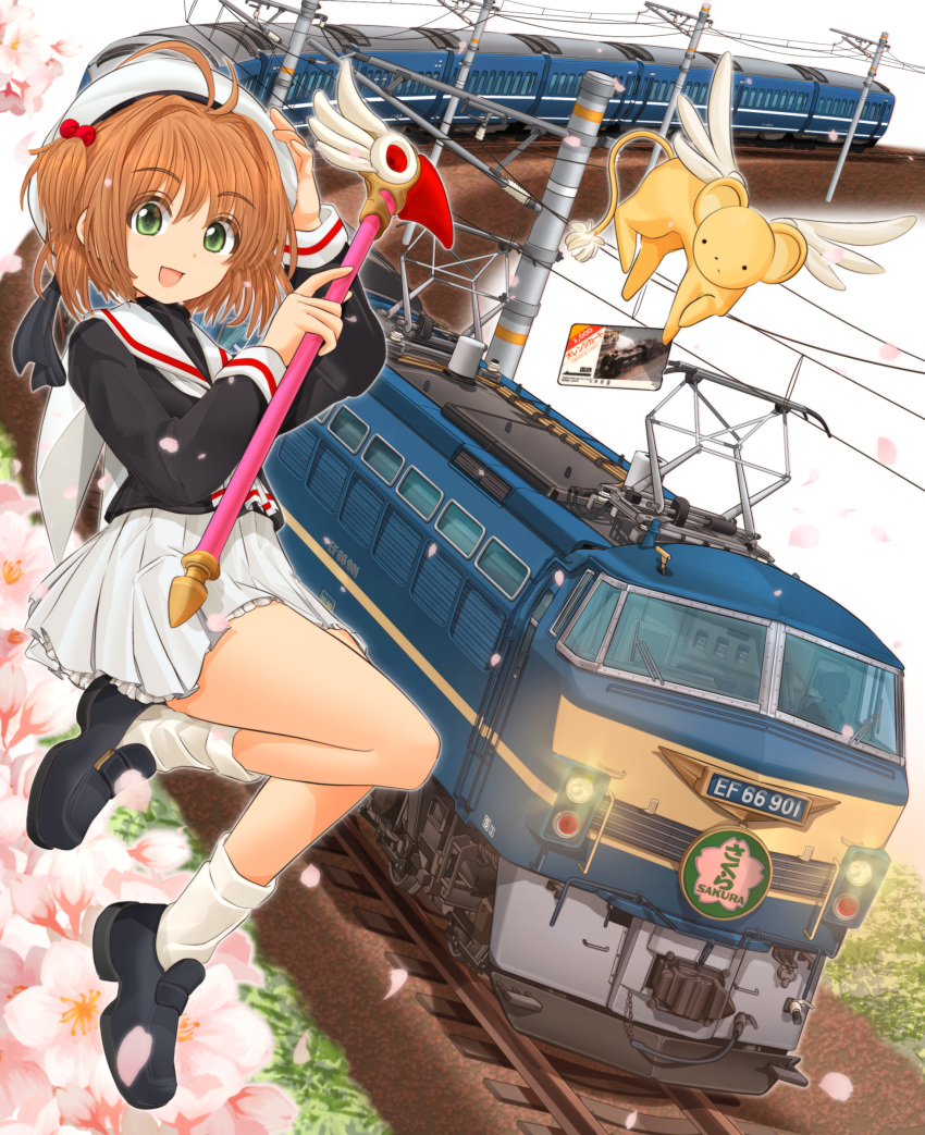 1girl absurdres bangs beret black_blouse black_footwear blouse cardcaptor_sakura cherry_blossoms commentary_request day eyebrows_visible_through_hair floating flower fuuin_no_tsue ground_vehicle hair_bobbles hair_ornament hand_on_headwear hat highres holding holding_wand kero kinomoto_sakura leg_up loafers mikeran_(mikelan) miniskirt neckerchief open_mouth outdoors partial_commentary pleated_skirt school_uniform serafuku shoes short_hair skirt smile socks tomoeda_elementary_school_uniform train wand white_headwear white_legwear white_neckwear white_skirt