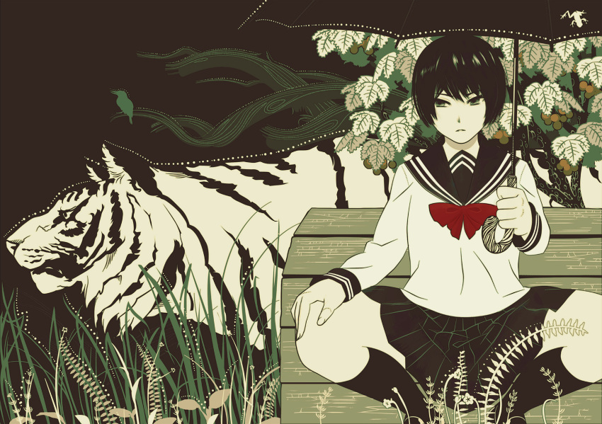 bird black_sailor_collar bow bowtie byakko closed_mouth feet_out_of_frame fingernails grass highres holding holding_umbrella kondou_totetsu long_sleeves muted_color original parted_lips pleated_skirt red_neckwear sailor_collar school_uniform serafuku shirt short_hair skirt socks spread_legs squatting tiger umbrella white_shirt