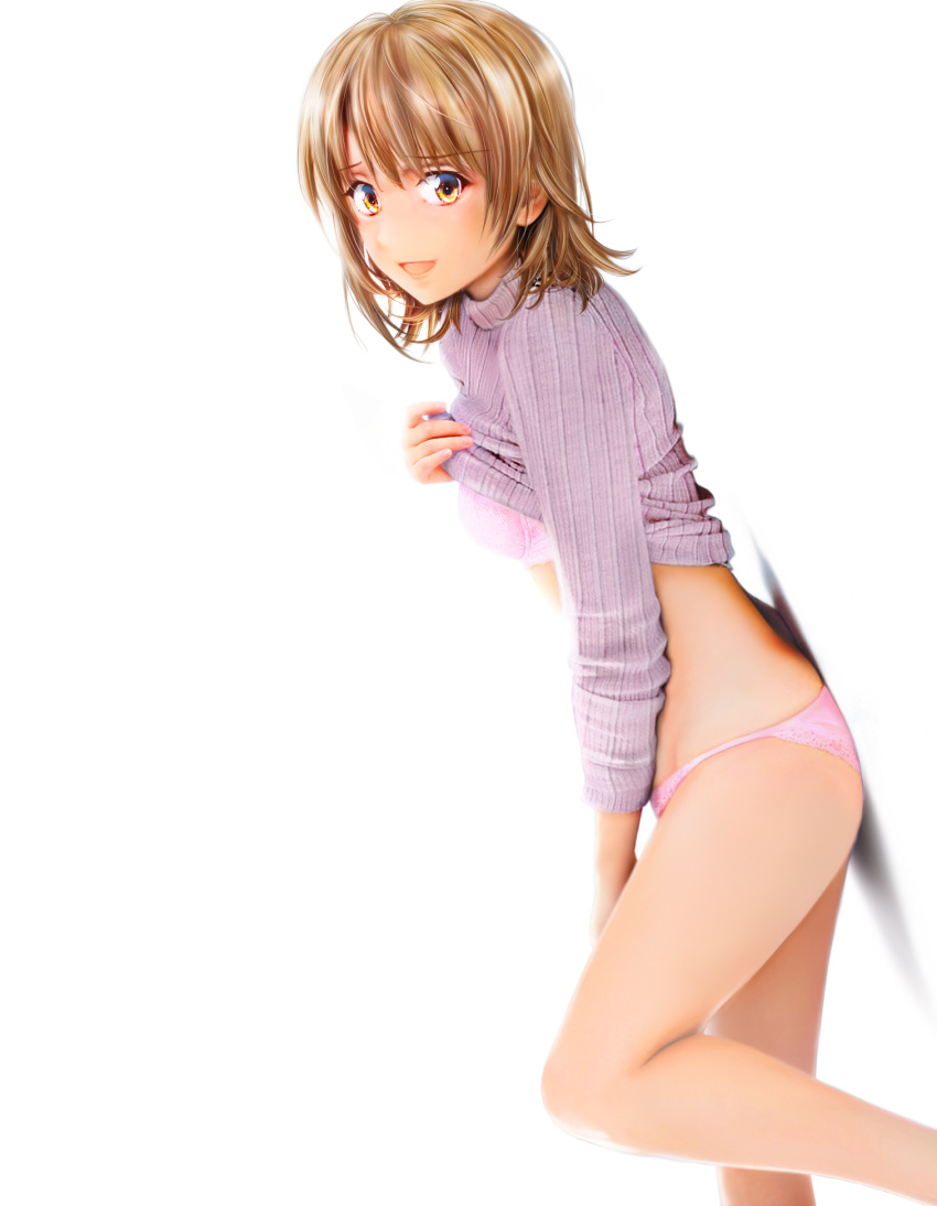 1girl :d against_wall bangs bra brown_eyes brown_hair clothes_lift eyebrows_visible_through_hair from_side grace16 grey_sweater hair_between_eyes highres isshiki_iroha lifted_by_self looking_at_viewer medium_hair open_mouth panties pink_bra pink_panties ribbed_sweater shiny shiny_hair simple_background smile solo standing sweater sweater_lift underwear white_background yahari_ore_no_seishun_lovecome_wa_machigatteiru.
