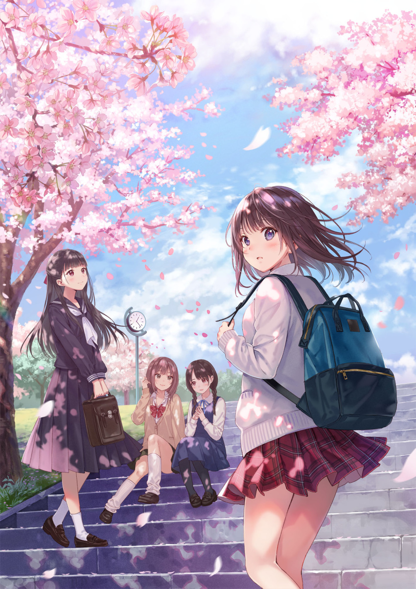 4girls backpack bag bangs black_hair black_legwear black_skirt blue_skirt bow braid brown_cardigan brown_eyes brown_hair cherry_blossoms clock closed_mouth clouds collared_shirt commentary_request fukahire_(ruinon) grass hair_blowing hand_in_hair hands_together highres hime_cut holding holding_bag loafers long_hair medium_hair multiple_girls original outdoors parted_lips petals plaid plaid_skirt pleated_skirt red_bow red_skirt sailor_collar school_bag school_uniform serafuku shirt shoes sitting skirt sky smile stairs standing stone_stairs tree twin_braids violet_eyes white_cardigan white_legwear white_shirt