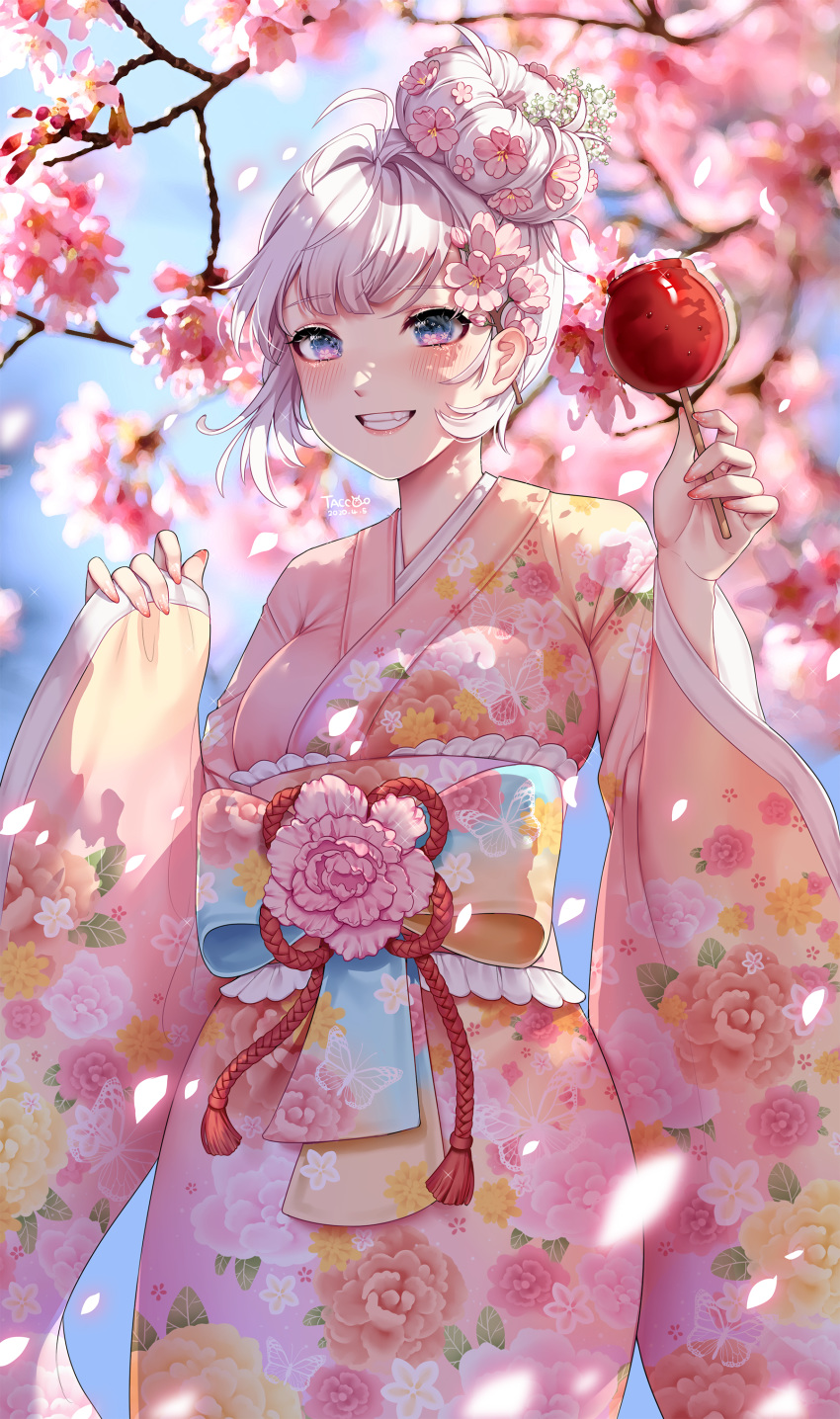 1girl absurdres ahoge artist_name bad_id bad_pixiv_id bangs beige_kimono blue_eyes blurry blurry_background blush breasts candy_apple cherry_blossoms commentary dated eyebrows_visible_through_hair floral_print flower food hair_flower hair_ornament highres holding japanese_clothes kimono long_sleeves looking_at_viewer medium_breasts medium_hair multicolored multicolored_clothes multicolored_kimono nail_art nail_polish original outdoors pink_flower pink_kimono pink_nails revision smile solo tacco_(tikeworld) teeth white_hair wide_sleeves