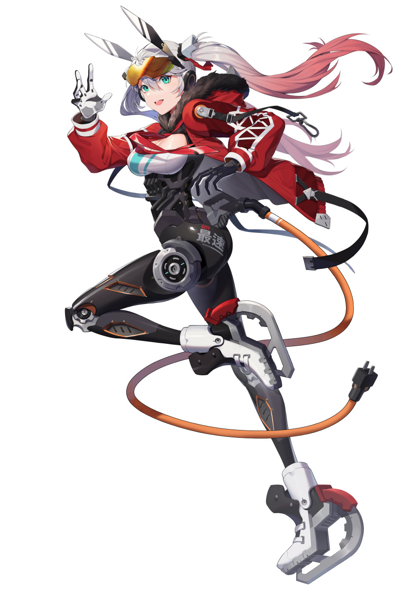 1girl :d absurdres aqua_eyes cable cyborg eyebrows_visible_through_hair eyewear_on_head full_body fur_trim gradient_hair highres hood hood_down hooded_jacket ice_skates jacket long_hair looking_at_viewer mecha_musume mechanical_ears multicolored_hair nori_tamahana open_mouth original parts_exposed power_cord redhead robot_joints science_fiction skates smile solo sunglasses twintails two-tone_hair upper_teeth waving white_background white_hair