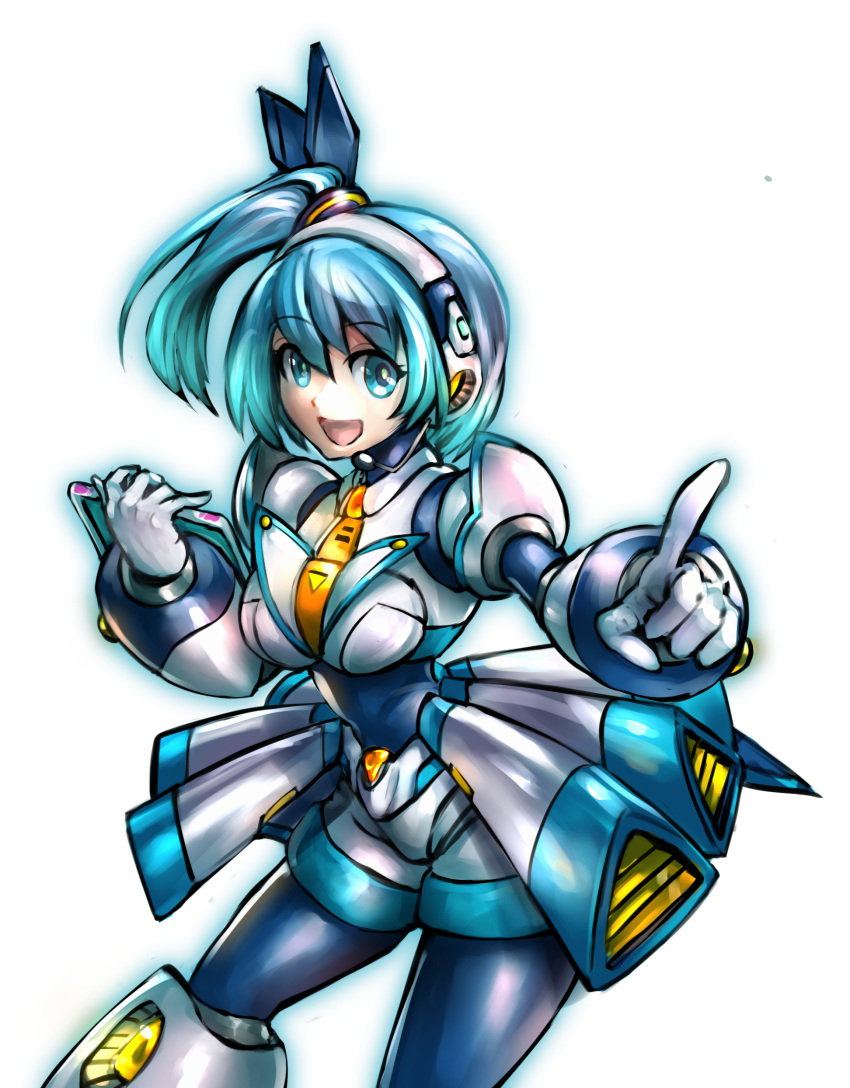 1girl absurdres aqua_eyes aqua_hair armor dgrp_(minhduc12333) eyebrows_visible_through_hair headphones highres holding looking_at_viewer navigator pointing rico_(rockman) rockman rockman_x rockman_x_dive side_ponytail simple_background smile solo white_background