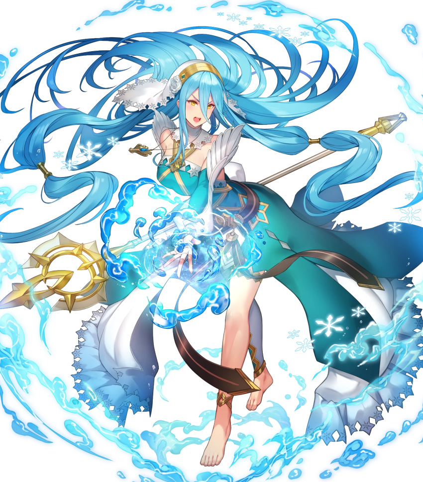 1girl artist_request asymmetrical_legwear azura_(fire_emblem) bangs barefoot belt blue_hair breasts dress fingerless_gloves fire_emblem fire_emblem_fates fire_emblem_heroes full_body gloves hair_between_eyes hair_ornament highres holding holding_weapon jewelry long_hair long_sleeves medium_breasts necklace official_art polearm shiny shiny_hair snowflakes solo spear thigh_strap toes turtleneck veil very_long_hair water weapon yellow_eyes