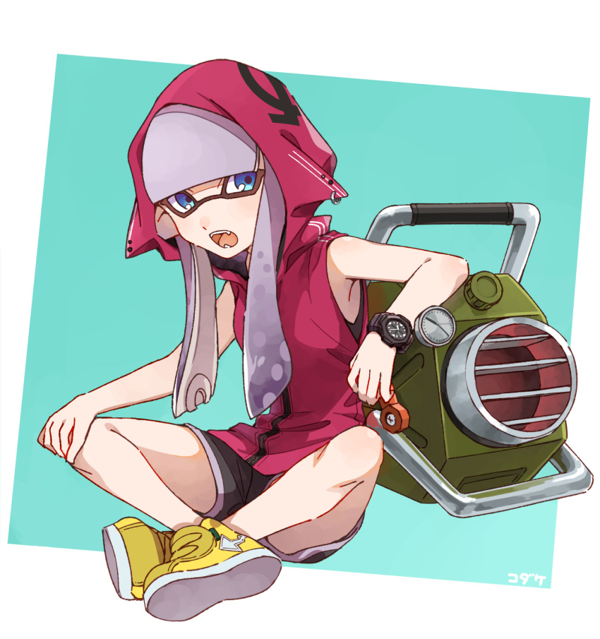 1girl artist_name bangs bike_shorts black_shorts blue_eyes blunt_bangs blunt_ends commentary domino_mask ear_piercing earrings explosher_(splatoon) fangs full_body green_background grey_hair gym_shorts hand_on_own_knee highres hood hood_down inkling jewelry long_hair looking_at_viewer mask no_legwear outside_border piercing pointy_ears red_shirt shirt shoes shorts signature sitting sleeveless sleeveless_shirt sneakers solo splatoon_(series) splatoon_2 stud_earrings takeko_spla tentacle_hair watch watch yellow_footwear