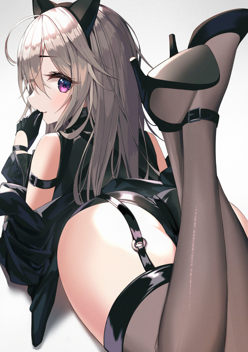 1girl absurdres ahoge animal_ears arm_belt ass ass_focus bangs bare_shoulders black_footwear black_gloves black_jacket black_panties brown_legwear cat_ears fake_animal_ears from_behind garter_straps gloves grey_hair hairband half_gloves high_heels highres huge_filesize jacket legs_up long_hair looking_at_viewer looking_back lying munseonghwa off_shoulder on_stomach original panties profile revision shadow simple_background sleeveless sleeveless_turtleneck smile solo the_pose thigh-highs turtleneck underwear violet_eyes white_background wristband