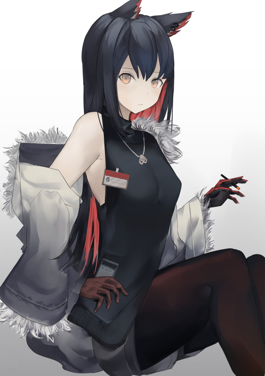 1girl animal_ears arknights bangs bare_shoulders black_hair black_legwear black_shirt breasts brown_eyes cigarette commentary_request feet_out_of_frame fur-trimmed_jacket fur-trimmed_sleeves fur_trim gradient gradient_background grey_background highres holding holding_cigarette id_card jacket jewelry long_hair long_sleeves looking_at_viewer medium_breasts multicolored_hair necklace off_shoulder pantyhose partial_commentary redhead ruisha shirt sitting sleeveless sleeveless_shirt solo texas_(arknights) white_background white_jacket wide_sleeves wolf_ears