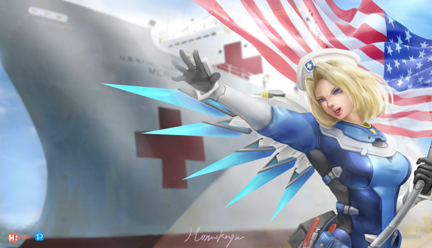 1girl absurdres alternate_hairstyle alternate_wing_color american_flag armband artist_name belt beret black_gloves blonde_hair blue_bodysuit blue_eyes blue_sky blue_wings blurry blurry_background bodysuit breasts combat_medic_ziegler commentary coronavirus_pandemic english_commentary flag gloves hat highres holding holding_flag honookayn hospital_ship long_sleeves looking_to_the_side mechanical_wings medium_breasts medium_hair mercy_(overwatch) nose nurse_cap open_mouth outdoors outstretched_arm overwatch patreon_logo pixiv_logo pliers red_cross signature skin_tight sky solo upper_body usns_mercy_(hospital_ship) utility_belt white_headwear wind wings