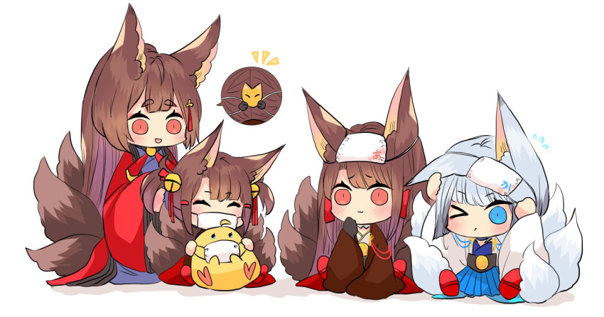 4girls :3 :d ^_^ akagi-chan_(azur_lane) akagi_(azur_lane) amagi_(azur_lane) animal_ears azur_lane bell blue_eyes brown_hair check_commentary closed_eyes commentary commentary_request flying_sweatdrops fox_ears fox_girl fox_tail hair_bell hair_ornament hakama_skirt japanese_clothes kaga_(azur_lane) long_hair manjuu_(azur_lane) mask mouth_mask multiple_girls open_mouth putimaxi red_eyes seiza short_hair short_twintails silver_hair sitting smile surgical_mask tail twintails wide_sleeves you're_doing_it_wrong
