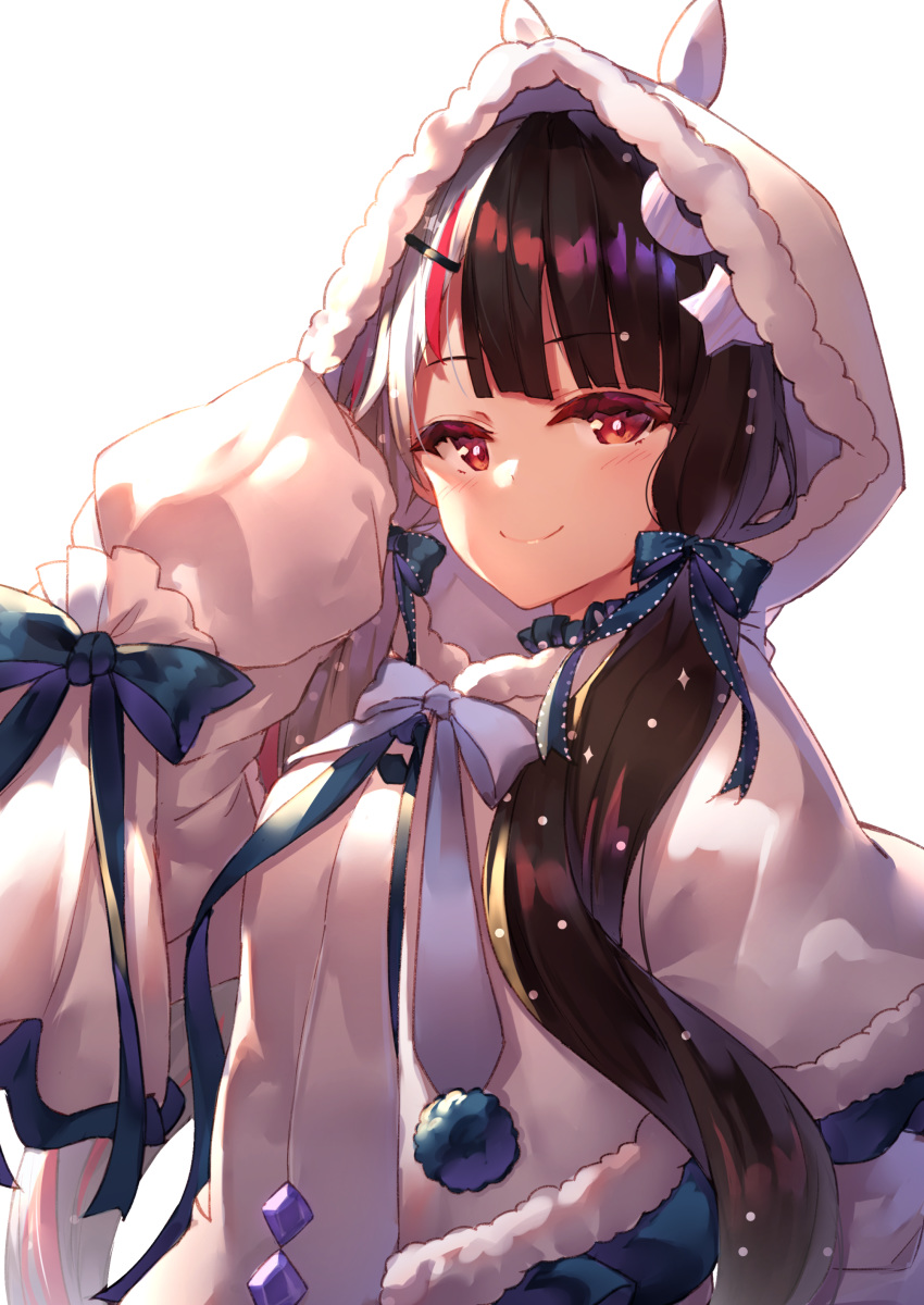 1girl absurdres bangs black_hair blue_bow blush bow capelet closed_mouth crescent crescent_hair_ornament dress eyebrows_visible_through_hair fur-trimmed_capelet fur-trimmed_hood fur_trim grey_hair hair_bow hair_ornament hairclip hand_up highres hood hood_up hooded_capelet long_hair long_sleeves looking_at_viewer low_twintails multicolored_hair nijisanji red_eyes redhead simple_background sleeves_past_fingers sleeves_past_wrists smile solo star star_hair_ornament streaked_hair twintails two-tone_hair very_long_hair virtual_youtuber white_background white_capelet white_dress yorumi_rena yuuki_nao_(pixiv10696483)