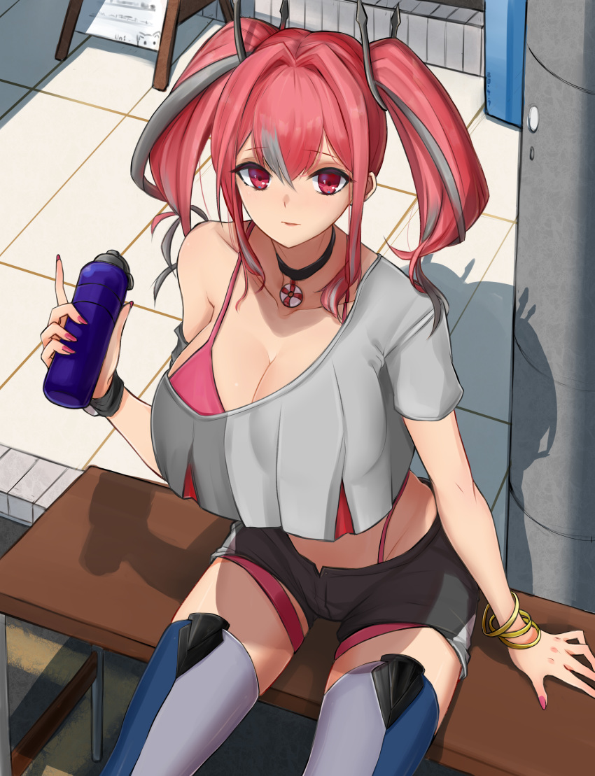 1girl absurdres azur_lane bench bikini bikini_under_clothes black_choker black_shorts bottle bracelet breasts bremerton_(azur_lane) choker commentary_request crop_top from_above grey_hair grey_shirt groin hair_between_eyes highleg highleg_bikini highres huge_breasts jewelry large_breasts lifebuoy long_hair looking_at_viewer multicolored_hair nail_polish no_mole outdoors pink_bikini pink_eyes pink_hair shirt short_shorts shorts sitting sitting_on_bench sleeveless streaked_hair swimsuit thigh-highs twintails unique_(pixiv12704744) water_bottle