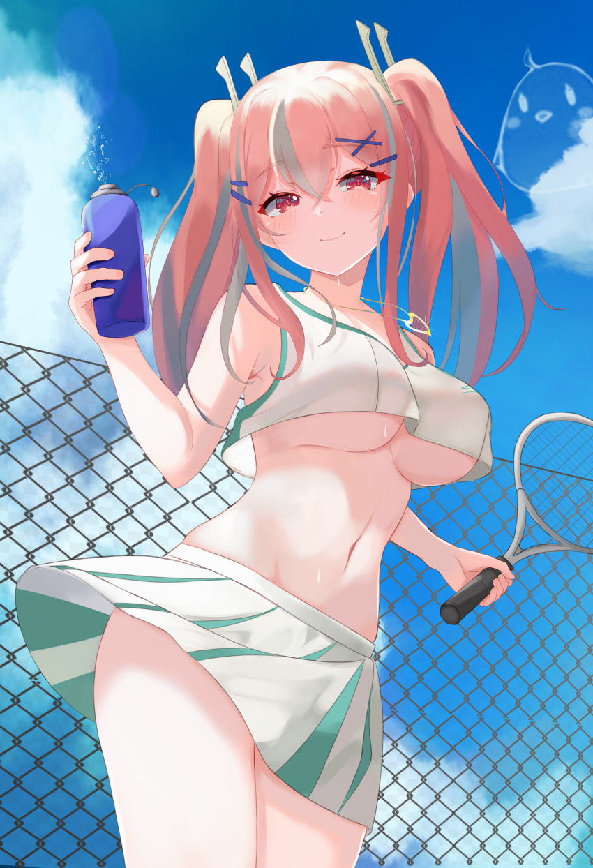 1girl absurdres azur_lane bangs bare_shoulders bare_thighs blue_sky blush bottle breasts bremerton_(azur_lane) bremerton_(scorching-hot_training)_(azur_lane) cameo chain-link_fence clouds commentary cowboy_shot crop_top crop_top_overhang crossed_bangs day eyebrows_visible_through_hair fence glint green_skirt grey_hair groin hair_between_eyes hair_ornament hairclip head_tilt heart heart_necklace highres holding holding_bottle holding_racket kano_(wi3028) large_breasts long_hair looking_at_viewer manjuu_(azur_lane) midriff multicolored_hair navel no_mole outdoors pink_eyes pink_hair racket shirt sidelocks skirt sky sleeveless sleeveless_shirt smile solo sportswear standing streaked_hair sweat tennis_racket tennis_uniform twintails two-tone_hair two-tone_shirt two-tone_skirt under_boob water_bottle water_drop white_shirt white_skirt wind wind_lift x_hair_ornament