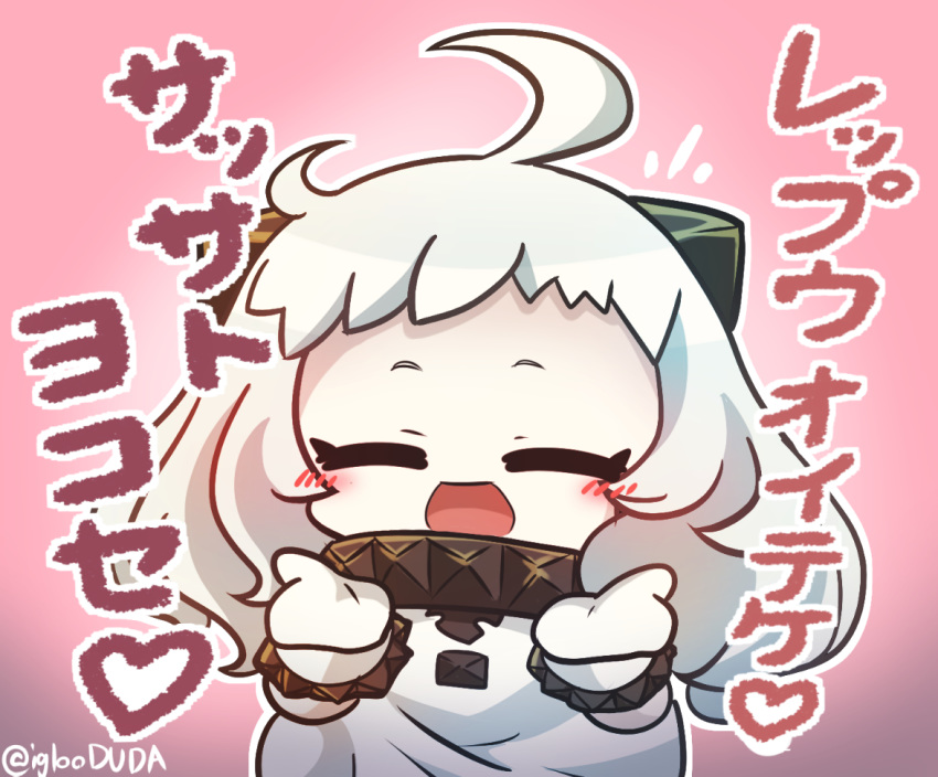 1girl asimo953 bracelet closed_eyes collar commentary_request dress heart horns jewelry kantai_collection mittens northern_ocean_hime shinkaisei-kan solo spiked_bracelet spiked_collar spikes translation_request twitter_username white_dress white_hair white_skin