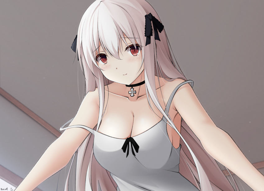 1girl blush breasts choker collarbone cross cross_necklace girls_frontline hair_ribbon highres jewelry kar98k_(girls_frontline) keenh long_hair looking_at_viewer medium_breasts necklace red_eyes ribbon shirt silver_hair simple_background solo white_shirt