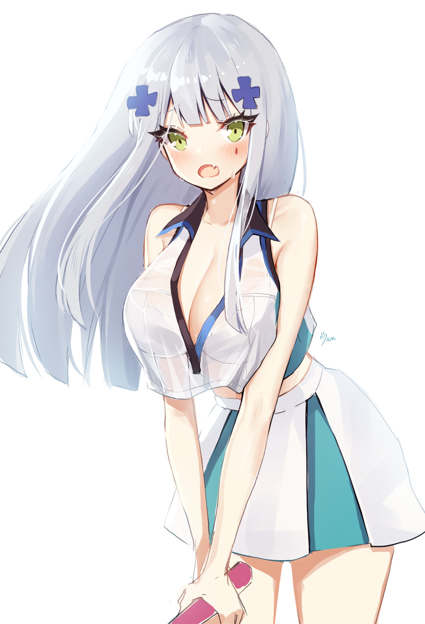 1girl ankkoyom azur_lane bangs blunt_bangs blush breasts bremerton_(azur_lane)_(cosplay) bremerton_(scorching-hot_training)_(azur_lane) commentary_request cosplay crop_top crop_top_overhang eyelashes flying_sweatdrops girls_frontline green_eyes highres hk416_(girls_frontline) holding_racket large_breasts long_hair looking_at_viewer open_mouth racket see-through shirt signature silver_hair sleeveless sleeveless_shirt sportswear standing tennis_racket tennis_uniform two-tone_shirt two-tone_skirt