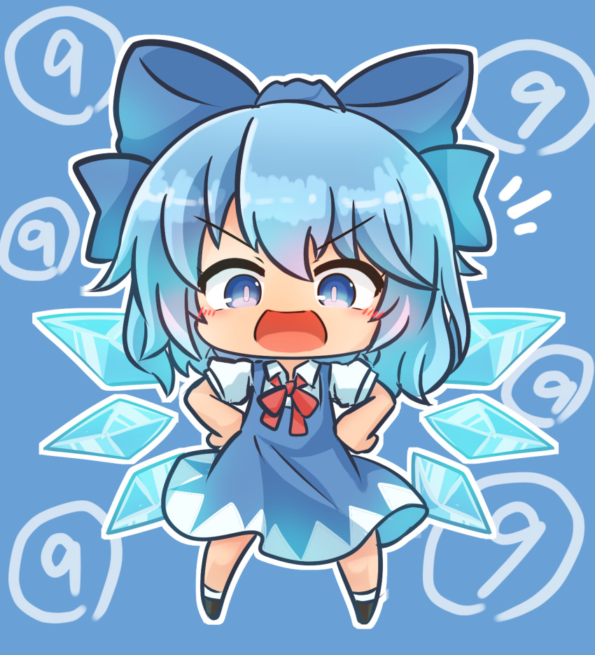 (9) 1girl asimo953 blue_background blue_dress blue_eyes blue_hair bow chibi cirno commentary_request dress hair_bow hands_on_hips highres ice ice_wings open_mouth outline smile solo touhou wings