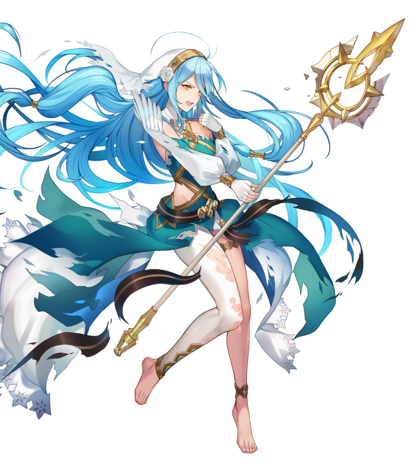 1girl artist_request asymmetrical_legwear azura_(fire_emblem) bangs barefoot belt blue_hair breasts dress fingerless_gloves fire_emblem fire_emblem_fates fire_emblem_heroes full_body gloves hair_between_eyes hair_ornament hand_up highres holding holding_weapon jewelry long_hair long_sleeves medium_breasts necklace official_art polearm shiny shiny_hair solo spear thigh_strap toes torn_clothes turtleneck veil very_long_hair weapon yellow_eyes