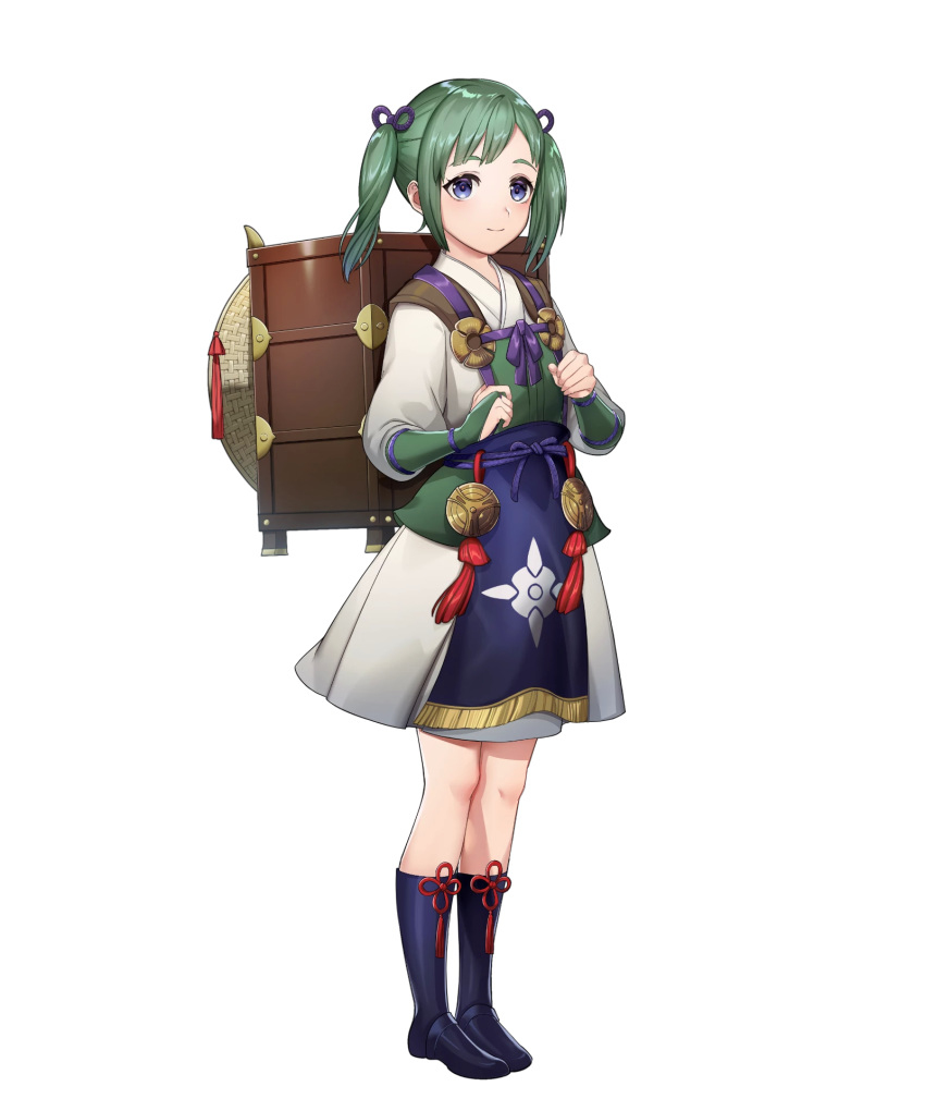 1girl backpack bag bangs black_footwear boots bridal_gauntlets closed_mouth dress fire_emblem fire_emblem_fates fire_emblem_heroes full_body green_hair hair_ornament highres japanese_clothes kimono long_hair long_sleeves looking_at_viewer midori_(fire_emblem) mikurou_(nayuta) official_art shiny shiny_hair short_dress short_twintails sidelocks smile solo standing tied_hair transparent_background twintails violet_eyes