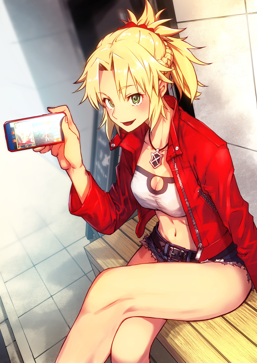 1girl absurdres bare_legs belt blonde_hair braid cellphone denim denim_shorts fate/apocrypha fate/grand_order fate_(series) french_braid green_eyes hair_ornament highres huge_filesize jacket jewelry looking_at_viewer mordred_(fate) mordred_(fate)_(all) nakanishi_tatsuya necklace phone shorts solo strapless