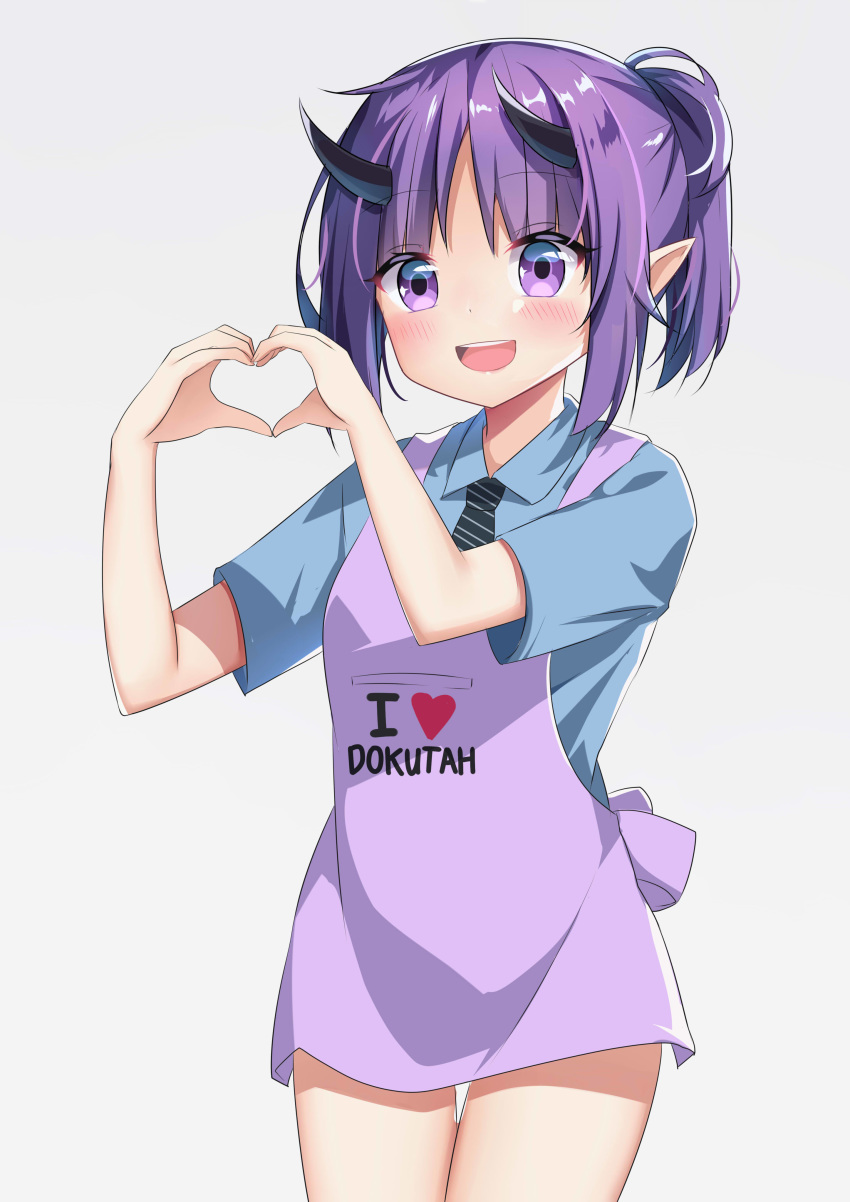 1girl :d absurdres agung_syaeful_anwar apron arknights blue_shirt bottomless clothes_writing collared_shirt cowboy_shot eyebrows_visible_through_hair hands_up heart heart_hands hibiscus_(arknights) highres horns looking_at_viewer necktie open_mouth pointy_ears polo_shirt purple_apron purple_hair shirt short_hair sidelocks simple_background smile solo striped striped_neckwear violet_eyes white_background