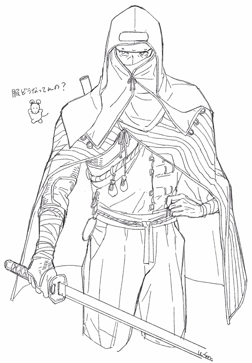 1boy animal bandages cloak covered_mouth highres holding holding_sword holding_weapon lfoudon lone_shadow_ninja male_focus mouse ninja pouch ribbon rope scabbard sekiro:_shadows_die_twice sheath signature simple_background sketch solo sword vambraces weapon white_background