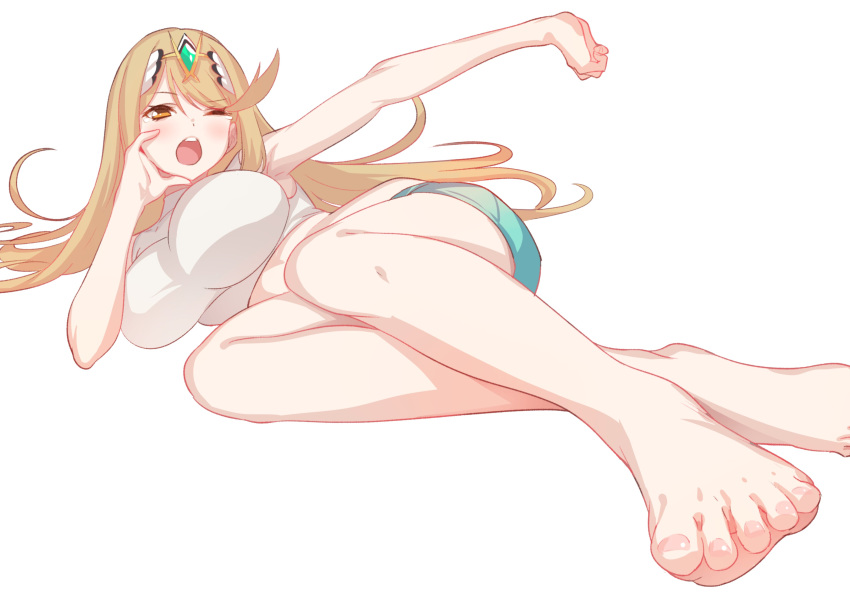 1girl absurdres breasts feet green322 highres huge_breasts long_hair lying mythra_(xenoblade) shirt short_shorts shorts simple_background stretch tiara very_long_hair white_background white_shirt xenoblade_(series) xenoblade_2 yawning