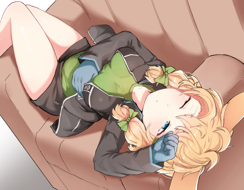 1girl ahoge animal_ears arknights bangs bare_legs black_jacket blue_eyes blue_gloves blush bow breasts closed_mouth couch eyebrows_visible_through_hair feet_out_of_frame from_above gloves gradient gradient_background green_bow green_shirt hair_bow hand_on_own_stomach hand_up highres jacket kongthegrain kroos_(arknights) long_hair looking_up lying medium_breasts on_back one_eye_closed open_clothes open_jacket rabbit_ears shirt solo thighs