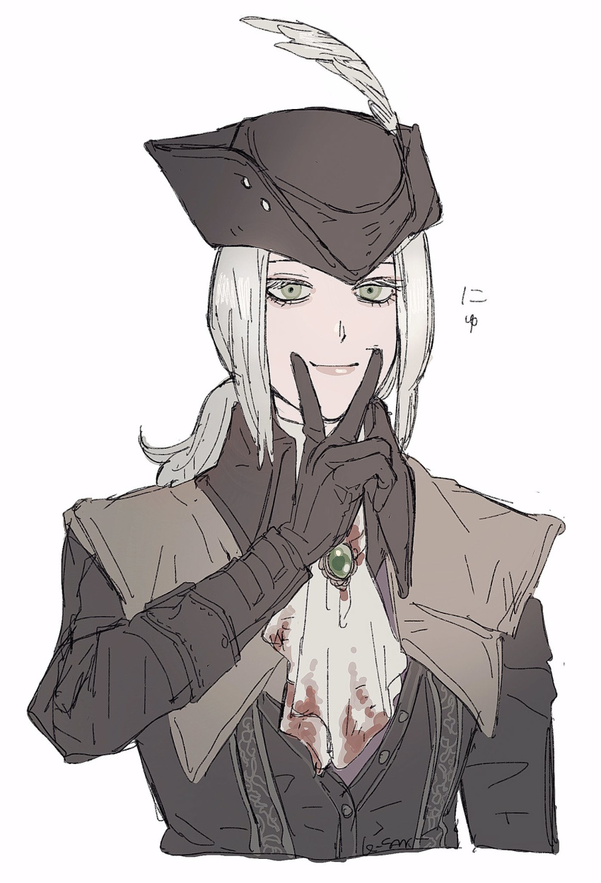 1girl black_gloves blood bloodborne bloody_clothes feathers forced_smile gem gloves green_eyes grey_hair hat hat_feather highres lady_maria_of_the_astral_clocktower lfoudon long_hair ponytail signature simple_background smile solo upper_body v white_background