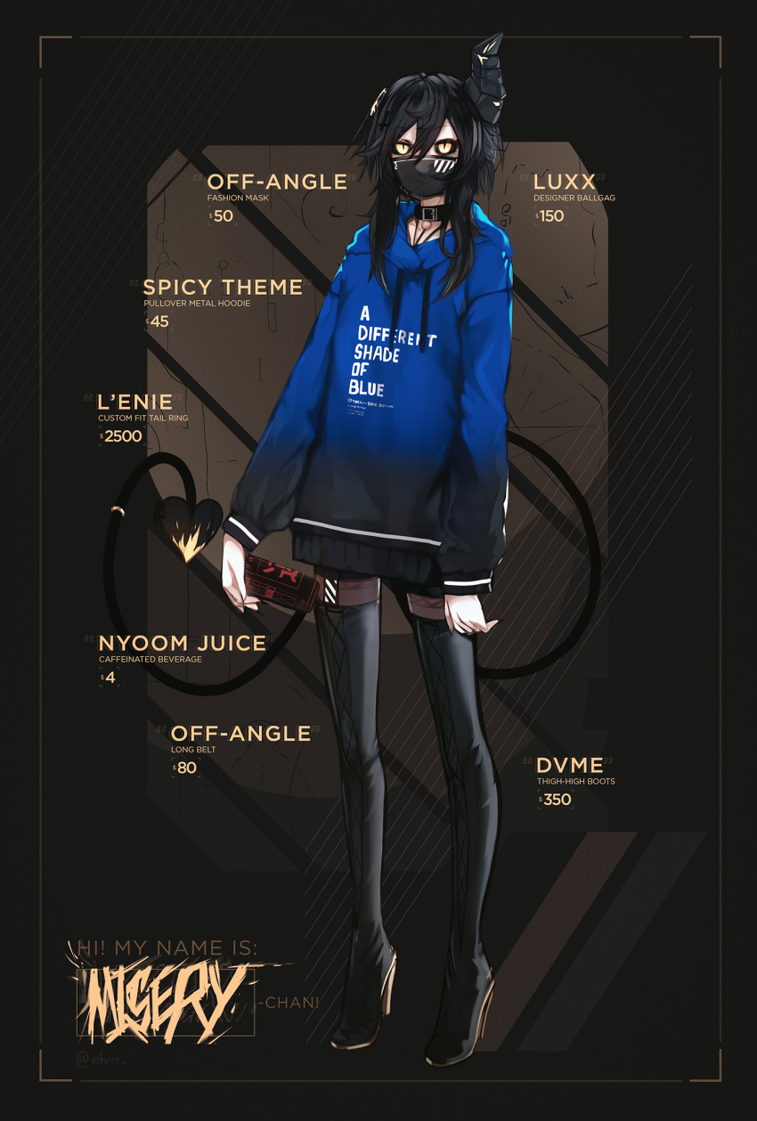 1girl bangs black_background black_choker black_footwear black_hair black_sclera blue_hoodie boots character_name choker clothes_writing commentary demon_horn demon_tail drawstring ehrrr english_commentary full_body grey_legwear hair_between_eyes high_heel_boots high_heels highres hood hoodie horn long_hair long_sleeves looking_at_viewer mask misery-chan mouth_mask original pantyhose solo standing tail thigh-highs thigh_boots yellow_eyes
