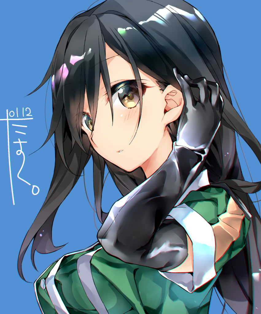 1girl black_gloves black_hair blue_background blush breasts brown_eyes chikuma_(kantai_collection) elbow_gloves gloves highres kantai_collection large_breasts long_hair looking_at_viewer narumiya_(empty_cafe) remodel_(kantai_collection) simple_background solo