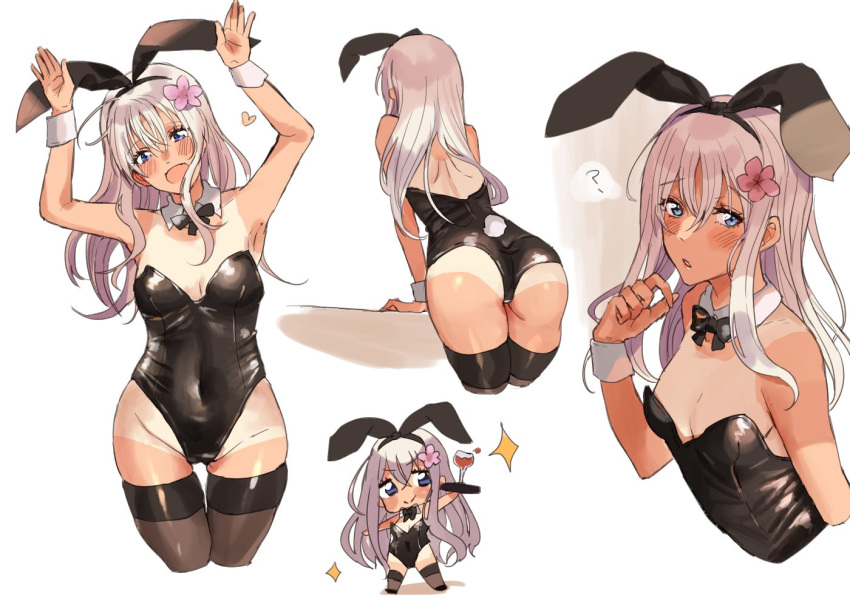 1girl ? alternate_costume amakaze animal_ears armpits arms_up ass back bangs bare_shoulders bent_over black_leotard blue_eyes blush bow bowtie breasts bunny_girl bunny_tail bunnysuit chibi chibi_inset commentary_request covered_navel cropped_legs detached_collar drink eyebrows_visible_through_hair fake_animal_ears fake_tail flower from_behind groin hair_flower hair_ornament heart holding holding_tray kantai_collection leotard long_hair looking_at_viewer multiple_views navel one-piece_tan open_mouth rabbit_ears ro-500_(kantai_collection) shoulder_blades sidelocks simple_background small_breasts smile sparkle strapless strapless_leotard tail tan tanline thigh-highs tray white_hair wrist_cuffs