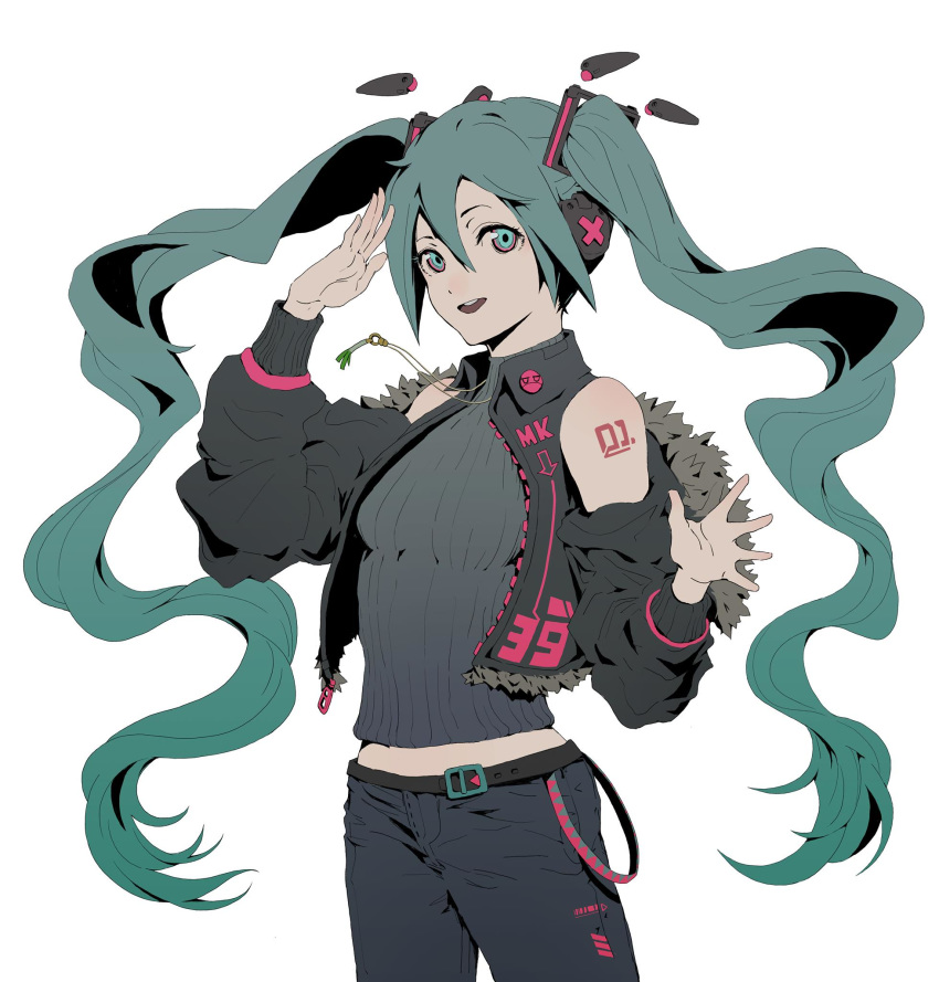 1girl 39 alternate_costume arm_up bangs belt belt_buckle black_belt blue_eyes blue_hair bomber_jacket breasts buckle ching_yeh collar collared_jacket commentary cytus detached_sleeves grey_jacket grey_pants grey_shirt grey_sleeves hair_between_eyes hair_ornament hatsune_miku highres jacket long_hair long_sleeves looking_at_viewer neckwear official_art open_mouth pants shirt shoulder_tattoo simple_background smile solo standing tattoo teeth turtleneck twintails upper_body very_long_hair vocaloid white_background