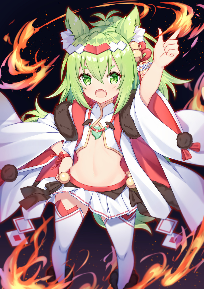 1girl :d absurdres animal_ear_fluff animal_ears arm_up azur_lane bell black_background blurry commentary_request crop_top fang fire flat_chest fox_ears fox_girl fox_tail fur_trim gold_trim green_eyes green_hair hair_ornament hand_on_hip highres isokaze_(azur_lane) isokaze_(new_year's_battle)_(azur_lane) japanese_clothes jewelry jingle_bell long_hair looking_at_viewer midriff miniskirt navel necklace open_mouth pleated_skirt shirt simple_background skirt smile solo standing stomach tail takeg05 thigh-highs white_legwear white_shirt white_skirt wide_sleeves zettai_ryouiki