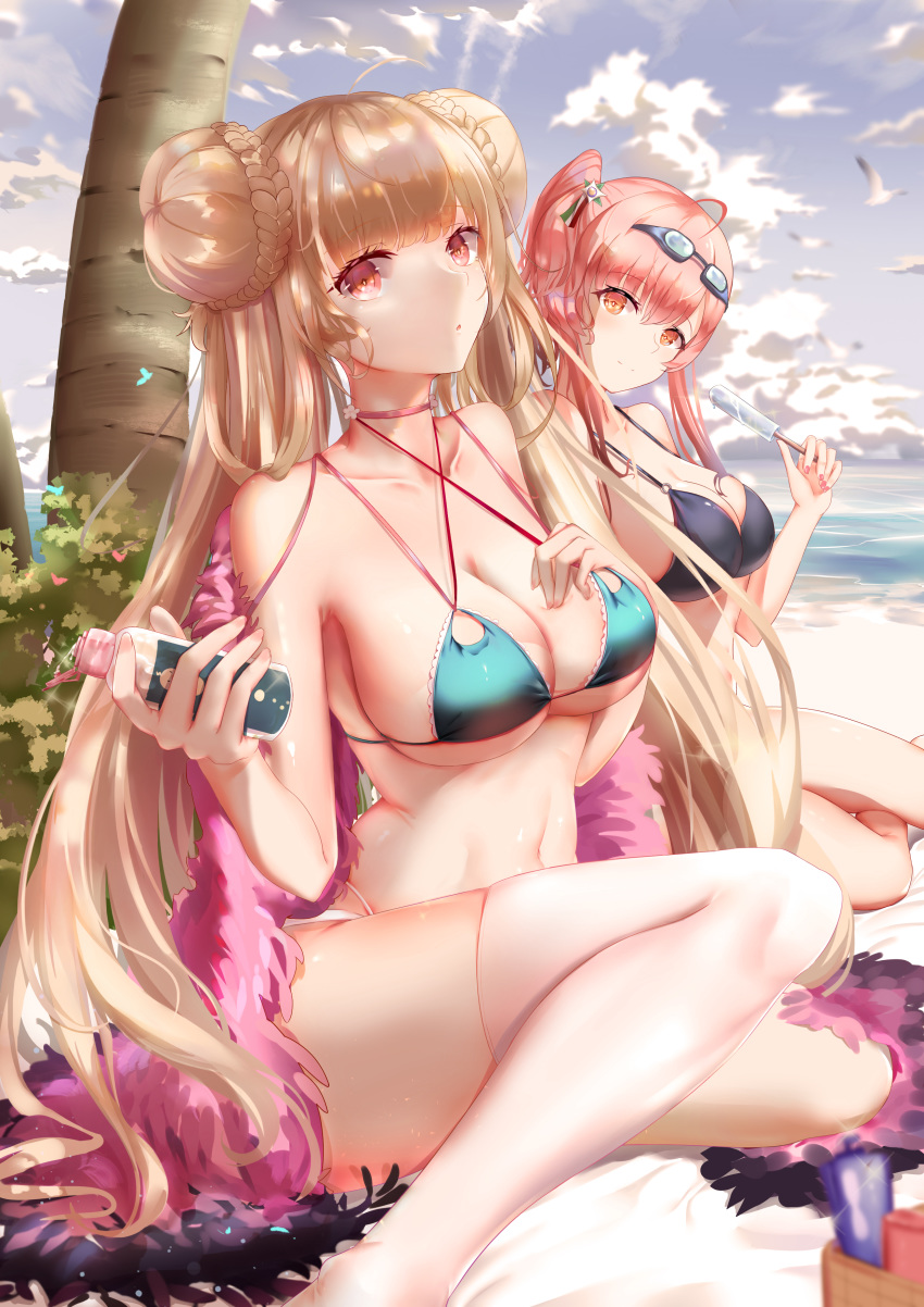 2girls absurdres alternate_costume aqua_bikini azur_lane bikini black_bikini blue_bikini bottle braid braided_bun breasts choker clouds cloudy_sky commentary_request criss-cross_halter double_bun food formidable_(azur_lane) formidable_(the_lady_of_the_beach)_(azur_lane) goggles goggles_on_head halterneck highres holding holding_bottle ice_cream italian_flag large_breasts long_hair looking_at_viewer multi-strapped_bikini multiple_girls navel o-ring o-ring_bikini palm_tree pink_choker platinum_blonde_hair red_eyes redhead revision single_thighhigh skindentation sky swimsuit thigh-highs tree very_long_hair water xiaoshan_jiang zara_(azur_lane) zara_(poolside_coincidence)_(azur_lane)