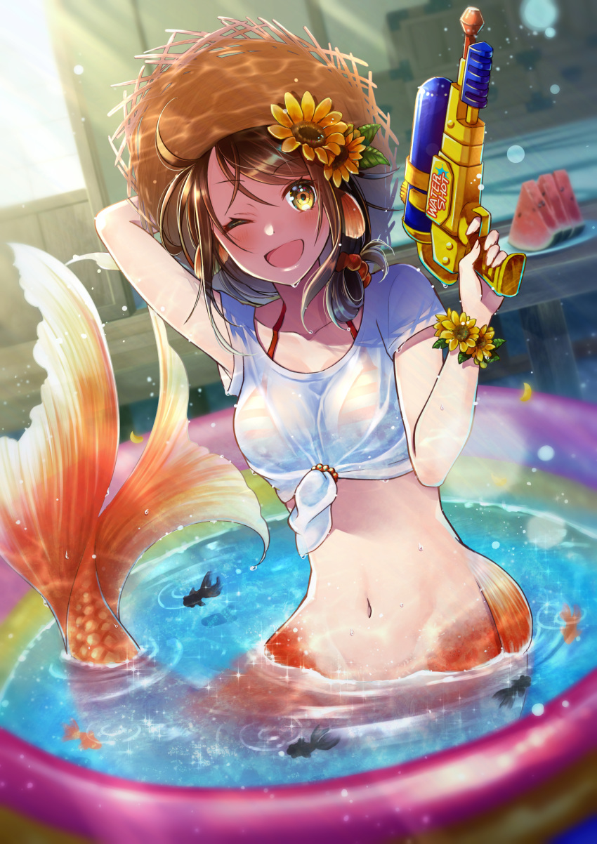1girl ;d animal_ears arm_behind_head arms_up bangs bikini blush breasts brown_hair collarbone commentary_request eyebrows_visible_through_hair fins fish flower food fruit full_body goldfish groin hair_between_eyes hair_flower hair_ornament hat head_fins highres holding_water_gun house kaboplus_ko lens_flare light_rays long_hair looking_at_viewer medium_breasts medium_hair mermaid midriff monster_girl navel one_eye_closed open_mouth original partially_submerged plate red_bikini_top ripples scales see-through shadow shirt short_sleeves sidelocks smile solo sparkle split_tail stomach straw_hat striped_bikini_top summer sun_hat sunbeam sunflower sunflower_hair_ornament sunlight swimsuit tied_hair tied_shirt wading_pool water water_gun watermelon wet wet_clothes wet_shirt white_shirt wrist_flower yellow_eyes