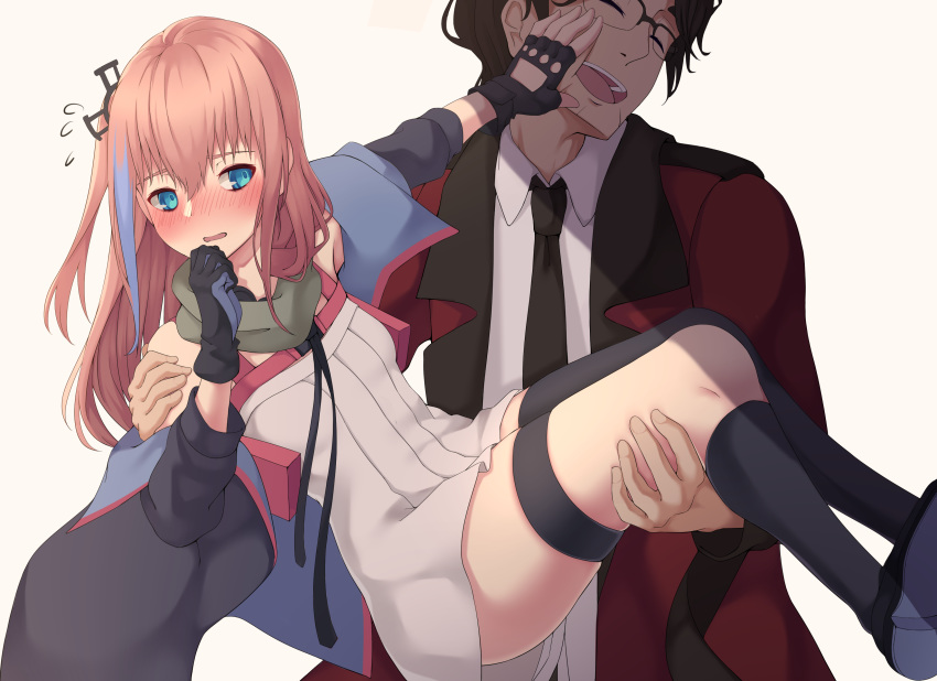 1boy 1girl absurdres beige_background black_gloves black_hair blue_eyes blush carrying closed_eyes commander_(girls_frontline) dress embarrassed english_commentary fingerless_gloves girls_frontline glasses gloves hair_ornament hairclip highres jacket kneehighs long_hair magatsuizanagi000 multicolored_hair necktie open_mouth parted_lips pink_hair princess_carry purple_jacket shirt simple_background single_kneehigh single_thighhigh sleeveless sleeveless_dress st_ar-15_(girls_frontline) streaked_hair thigh-highs thigh_strap white_dress white_shirt
