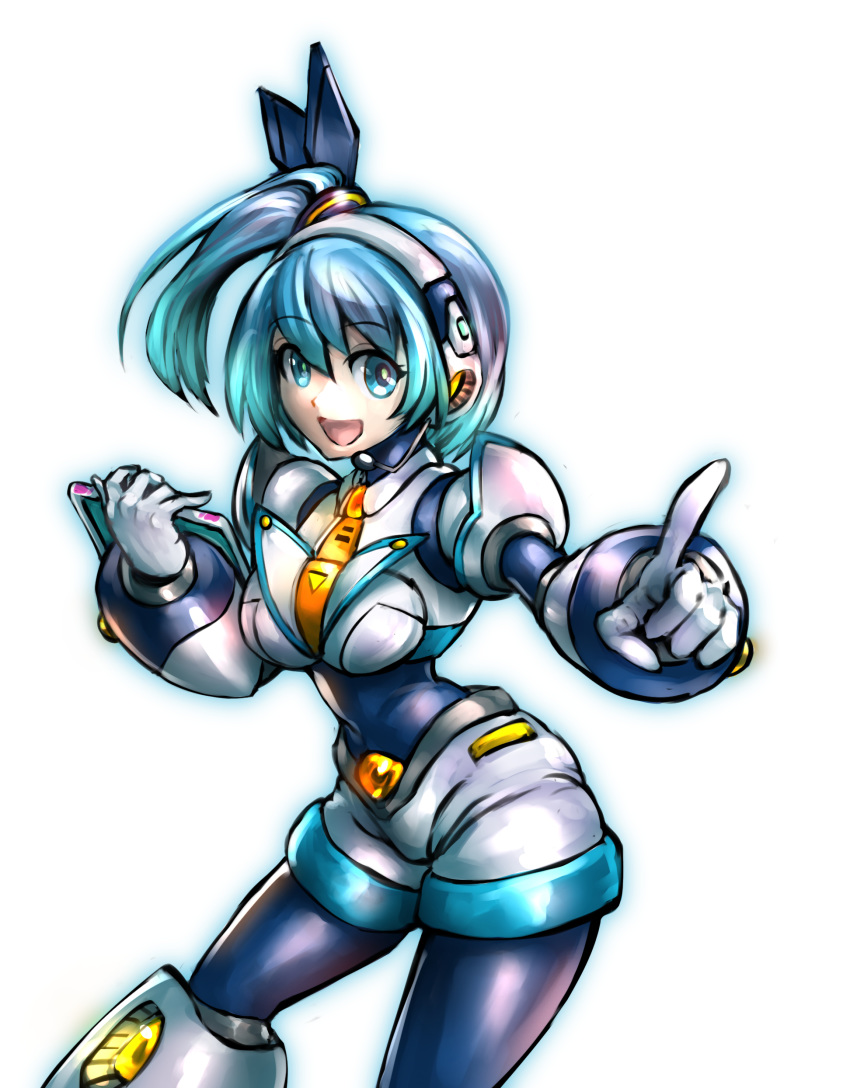 1girl absurdres aqua_eyes aqua_hair armor dgrp_(minhduc12333) eyebrows_visible_through_hair headphones highres holding looking_at_viewer navigator pointing rico_(rockman) rockman rockman_x rockman_x_dive side_ponytail simple_background smile solo white_background