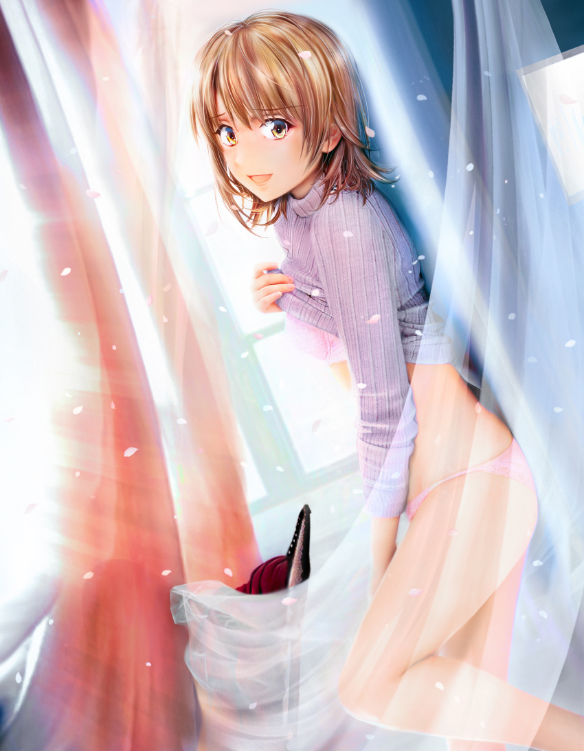 1girl :d against_wall bangs bra brown_eyes brown_hair clothes_lift eyebrows_visible_through_hair from_side grace16 grey_sweater hair_between_eyes highres isshiki_iroha lifted_by_self looking_at_viewer medium_hair open_mouth panties pink_bra pink_panties ribbed_sweater see-through shiny shiny_hair smile solo standing sweater sweater_lift transparent underwear yahari_ore_no_seishun_lovecome_wa_machigatteiru.