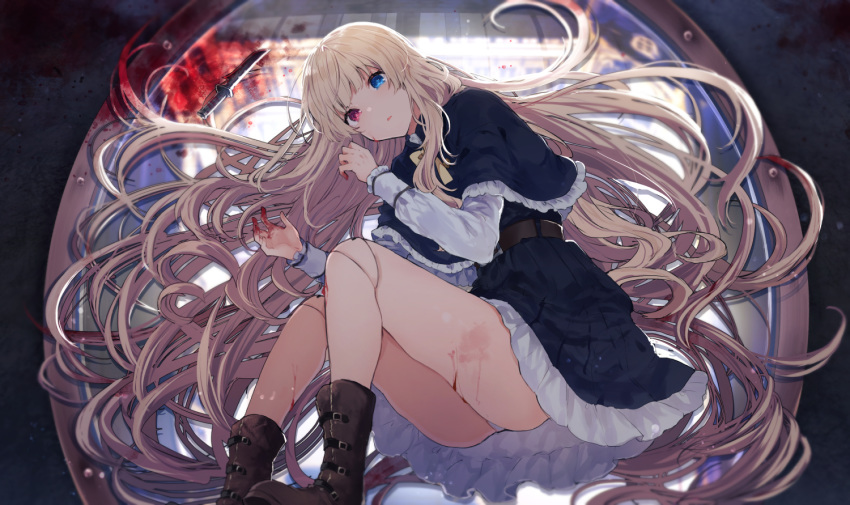 1girl belt belt_buckle black_belt black_capelet black_dress blonde_hair blood bloody_hands blue_eyes boots brown_footwear buckle capelet commentary_request doll_joints dress frilled_capelet frilled_dress frills heterochromia ikeuchi_tanuma knees_up knife long_hair long_sleeves looking_at_viewer lying on_side original panties parted_lips red_eyes round_window solo underwear very_long_hair white_panties window
