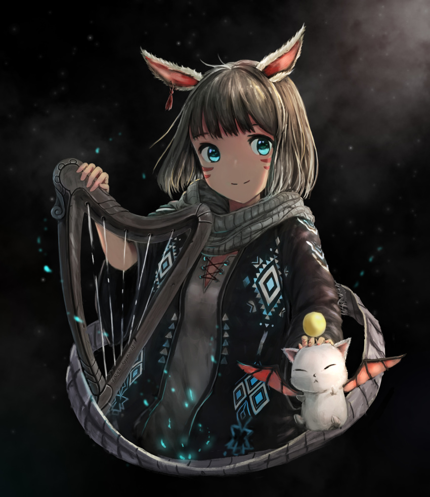 absurdres akdove animal_ears bangs black_cardigan blue_eyes blunt_bangs cardigan cat_ears cropped_torso earrings facial_mark final_fantasy final_fantasy_xiv grey_scarf hand_up harp highres instrument jewelry looking_at_viewer miqo'te moogle patterned_clothing scarf shirt short_hair smile whisker_markings white_shirt wide_sleeves